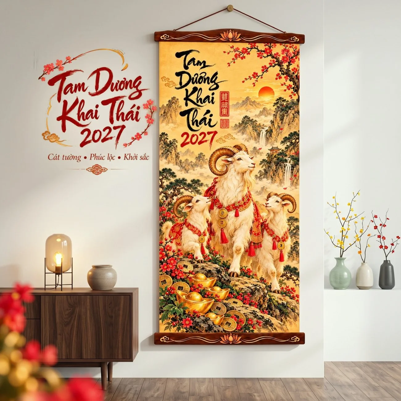 Tranh Vải Treo Tường Tam Dương Khai Thái 2027 Trang Trí Tết - Tranh Cuộn Có Nẹp Treo - Size 30x60cm - ảnh 5