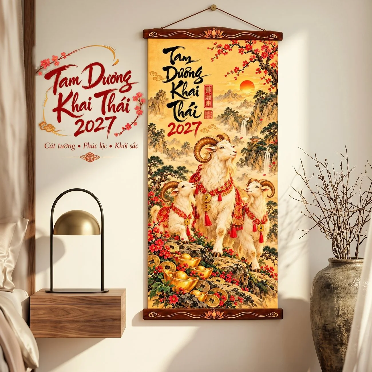 Tranh Vải Treo Tường Tam Dương Khai Thái 2027 Trang Trí Tết - Tranh Cuộn Có Nẹp Treo - Size 30x60cm - ảnh 2