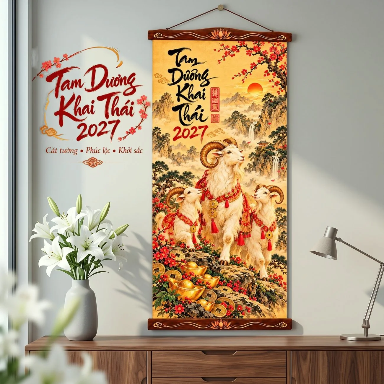 Tranh Vải Treo Tường Tam Dương Khai Thái 2027 Trang Trí Tết - Tranh Cuộn Có Nẹp Treo - Size 30x60cm - ảnh 3