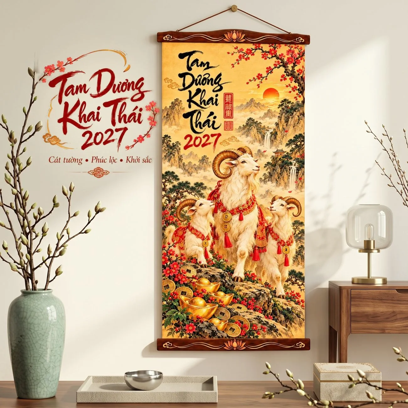 Tranh Vải Treo Tường Tam Dương Khai Thái 2027 Trang Trí Tết - Tranh Cuộn Có Nẹp Treo - Size 30x60cm - ảnh 4