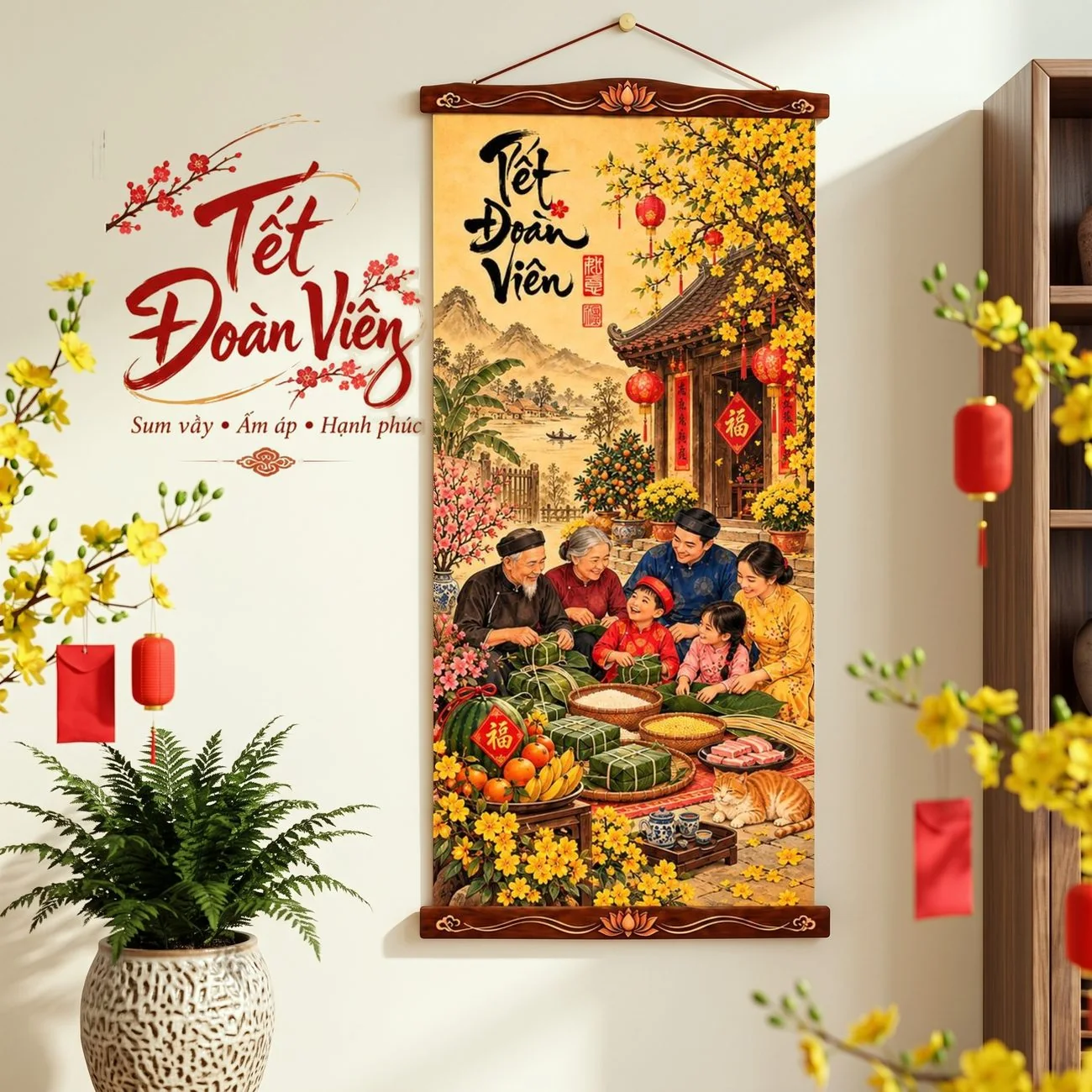 Tranh Vải Treo Tường Tết Đoàn Viên Gói Bánh Chưng Trang Trí Tết - Tranh Cuộn Có Nẹp Treo - Size 40x80cm - ảnh 5