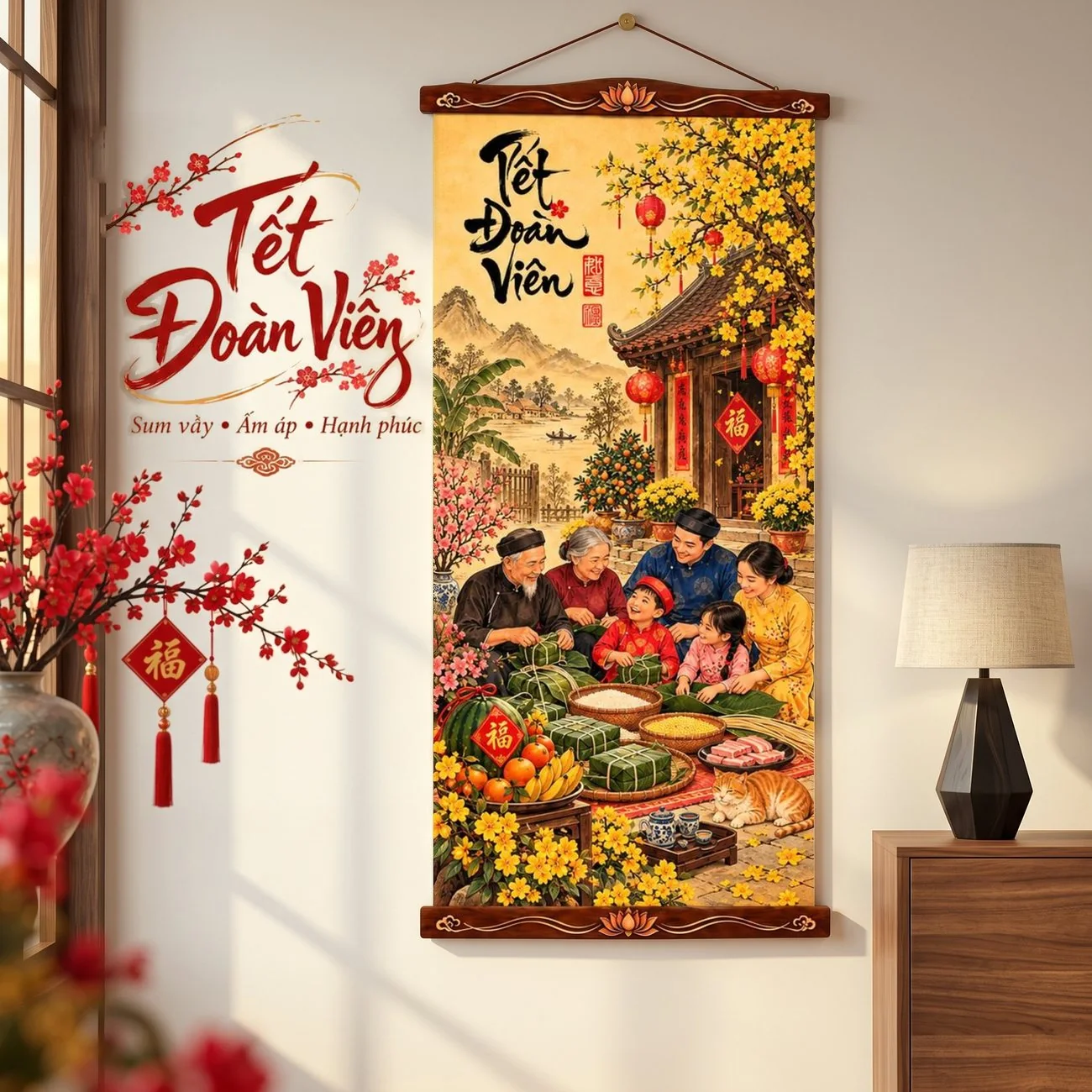 Tranh Vải Treo Tường Tết Đoàn Viên Gói Bánh Chưng Trang Trí Tết - Tranh Cuộn Có Nẹp Treo - Size 40x80cm - ảnh 2