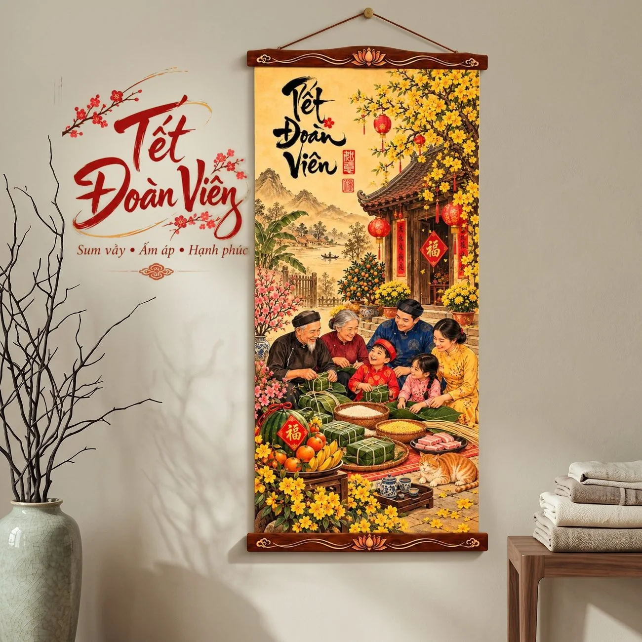 Tranh Vải Treo Tường Tết Đoàn Viên Gói Bánh Chưng Trang Trí Tết - Tranh Cuộn Có Nẹp Treo - Size 40x80cm - ảnh 3
