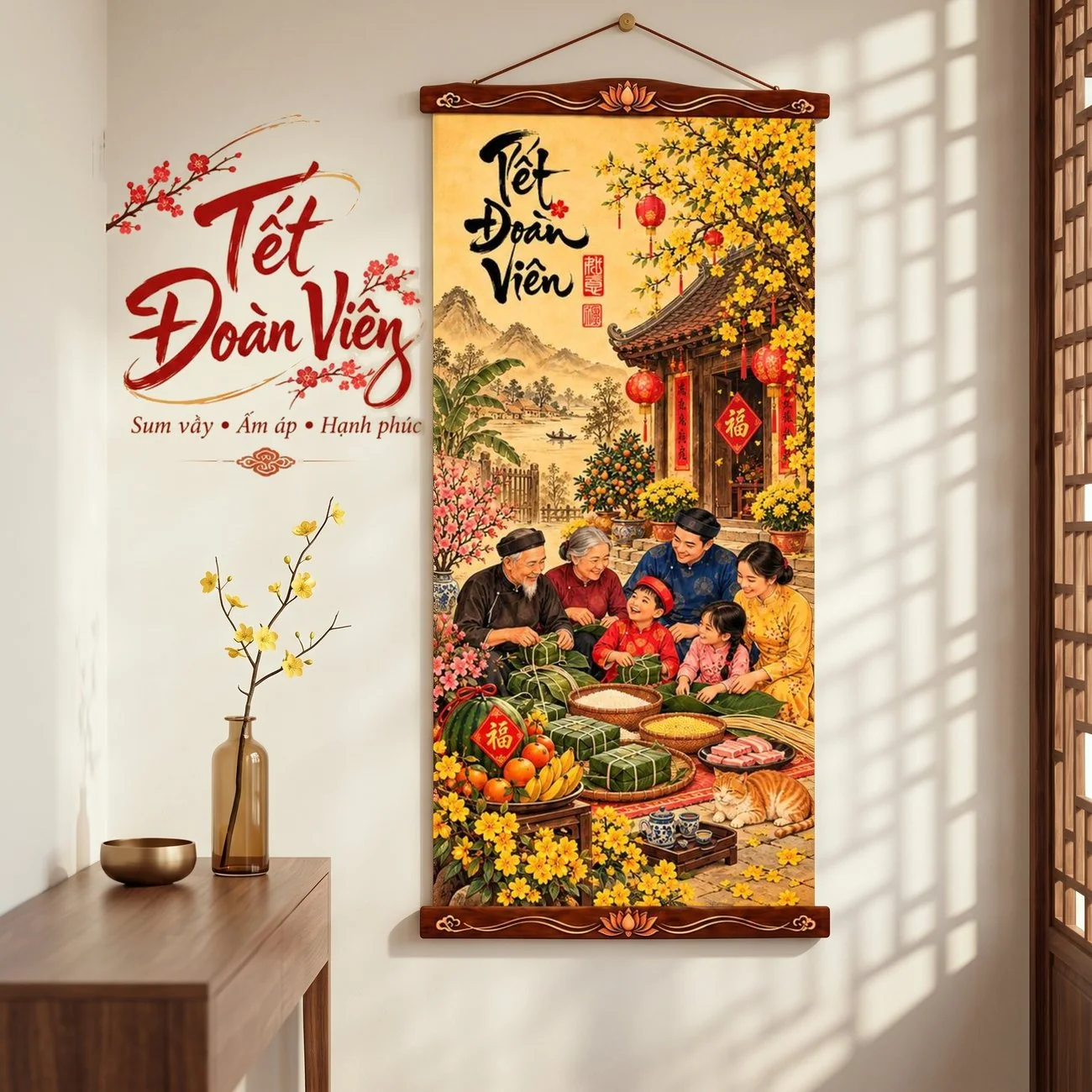 Tranh Vải Treo Tường Tết Đoàn Viên Gói Bánh Chưng Trang Trí Tết - Tranh Cuộn Có Nẹp Treo - Size 40x80cm - ảnh 4