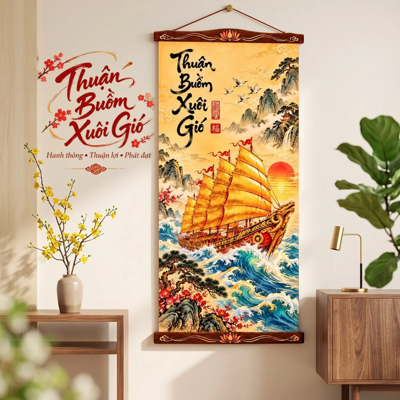 Tranh Vải Treo Tường Thuận Buồm Xuôi Gió Trang Trí Tết - Tranh Cuộn Có Nẹp Treo - Size 40x80cm - ảnh 5