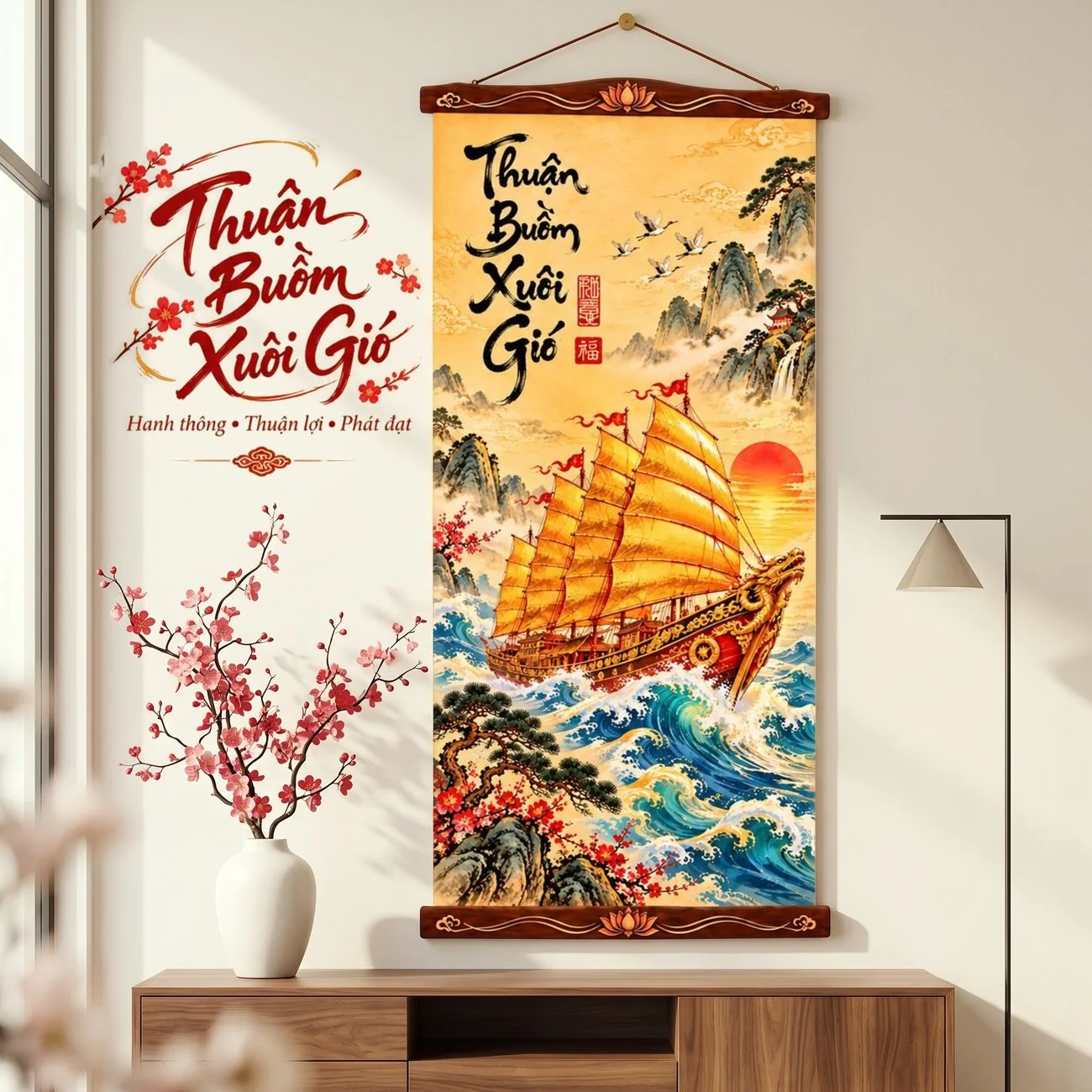 Tranh Vải Treo Tường Thuận Buồm Xuôi Gió Trang Trí Tết - Tranh Cuộn Có Nẹp Treo - Size 40x80cm - ảnh 2
