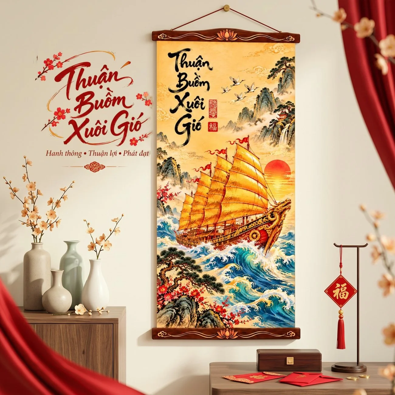 Tranh Vải Treo Tường Thuận Buồm Xuôi Gió Trang Trí Tết - Tranh Cuộn Có Nẹp Treo - Size 40x80cm - ảnh 3
