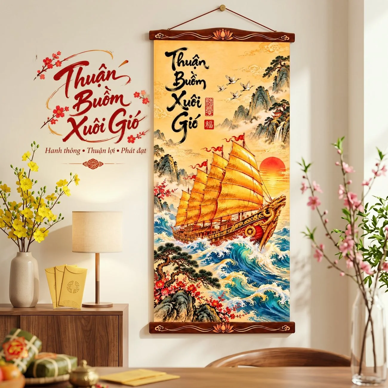 Tranh Vải Treo Tường Thuận Buồm Xuôi Gió Trang Trí Tết - Tranh Cuộn Có Nẹp Treo - Size 40x80cm - ảnh 4